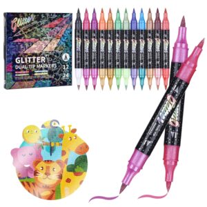 Brush Markers Pens,24 Colors Dual Tip Glitter Pens